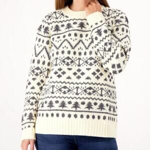 Susan Graver Womens Jacquard Crew Neck Sweater Size L Fair Isle Nordic Cream